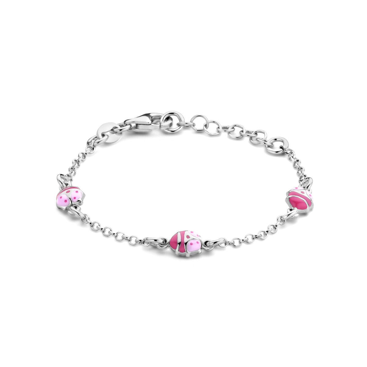 Armband aus rhodiniertem Silber mit pinken Marienkäfer-Anhängern und Verlängerungskette von 11 + 2 cm