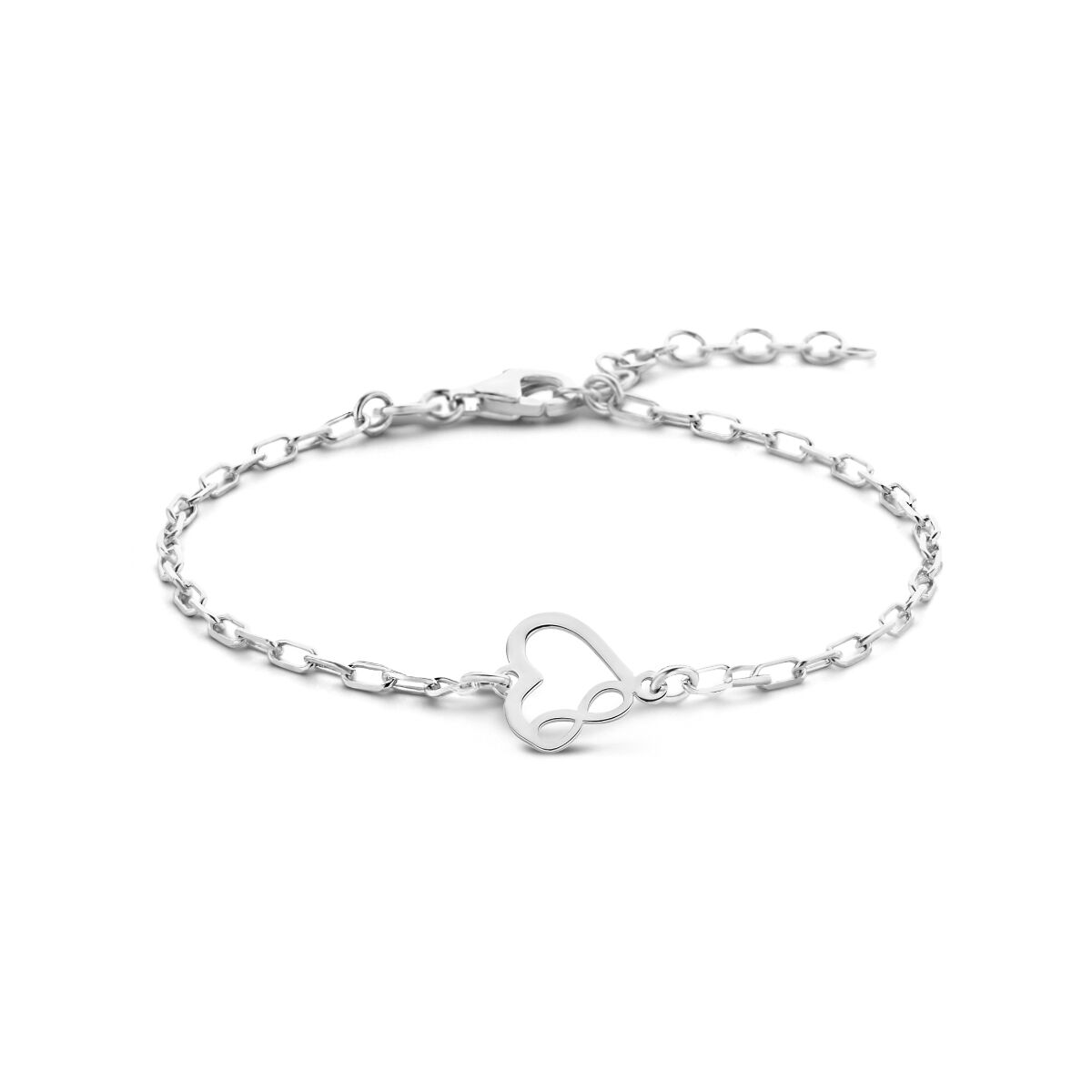 Armband aus rhodiniertem Silber mit Herz- und Unendlichkeitssymbol, 16 + 3 cm lang