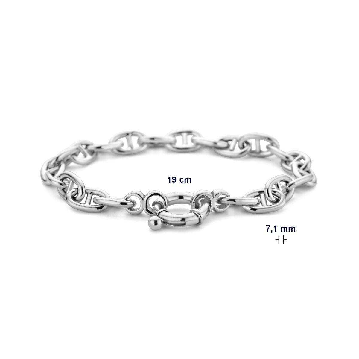 De Van der Kooij Collectie armband marine met groot springslot is een gerhodineerd zilveren sieraad van 19 cm lang en 7,1 mm breed, gemaakt van 925 zilver en gepresenteerd op een witte achtergrond.
