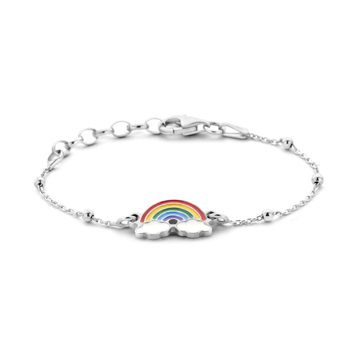 Armband aus rhodiniertem Silber mit buntem Regenbogenanhänger und feiner Gliederkette