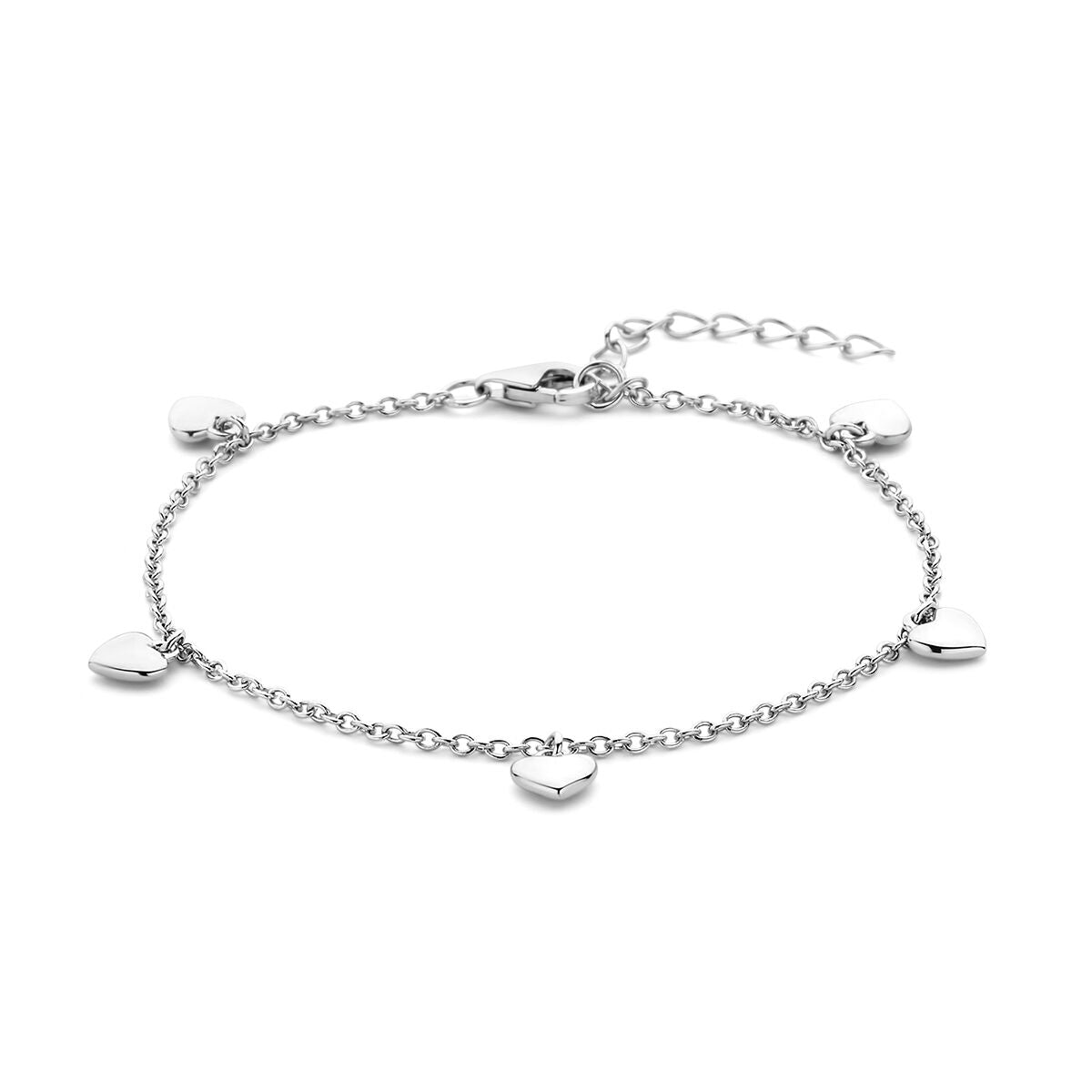 Armband aus rhodiniertem Silber mit fünf herzförmigen Anhängern und einer Länge von 13 + 3 cm