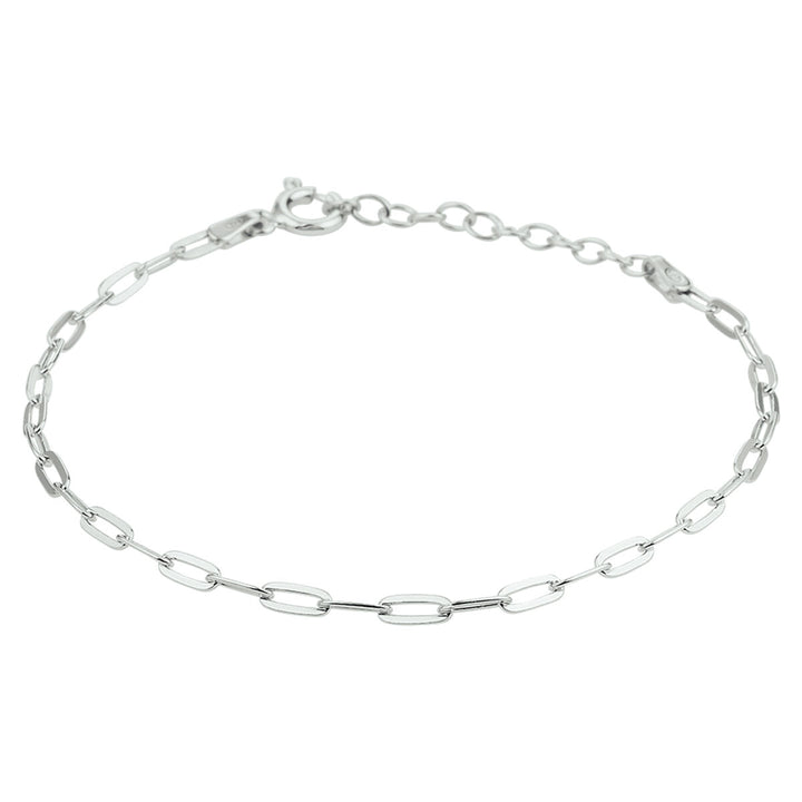 De Van der Kooij Collectie armband paperclip platte buis is een 2,4 mm gerhodineerd zilveren damesarmband (16 + 3 cm) met een verstelbare sluiting, afgebeeld op een witte achtergrond.