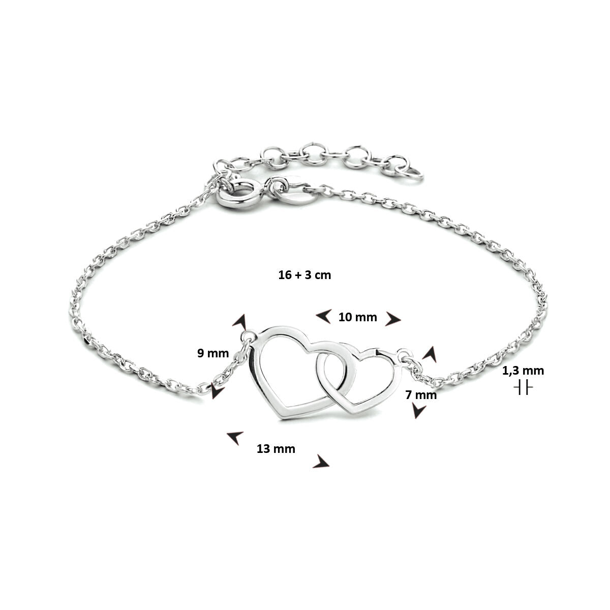 Van der Kooij Collectie armband hartjes 16 + 3 cm zilver gerhodineerd, met twee in elkaar grijpende harten (13 mm & 10 mm), dikte 1,3 mm en verstelbare lengte. Perfect als cadeau voor Valentijn!.