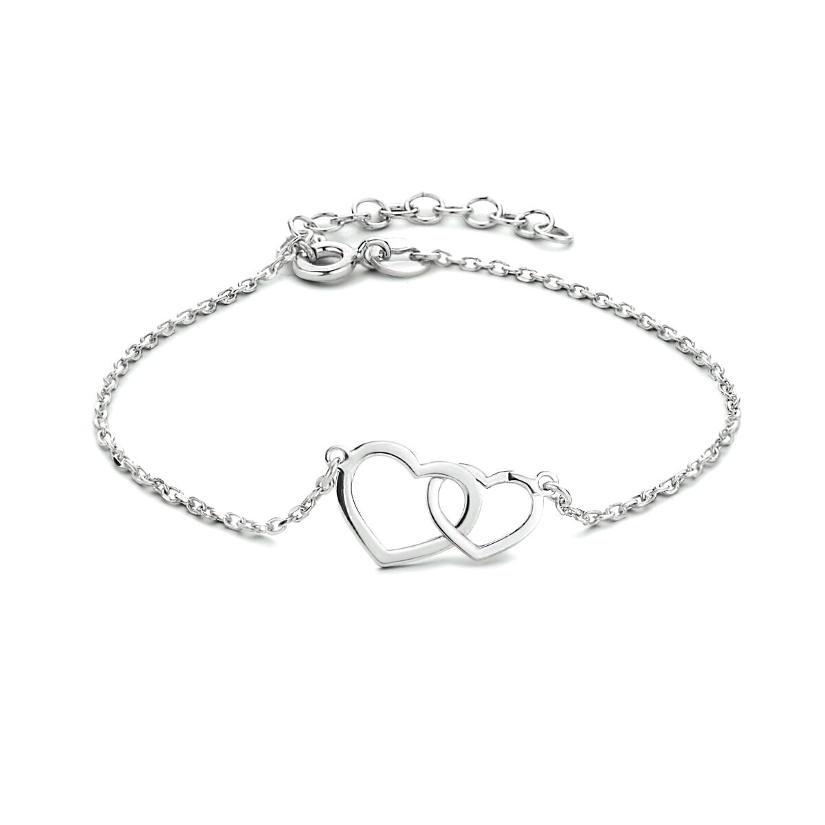 Armband mit zwei ineinander verschlungenen Herzen aus rhodiniertem Silber, 16 + 3 cm lang