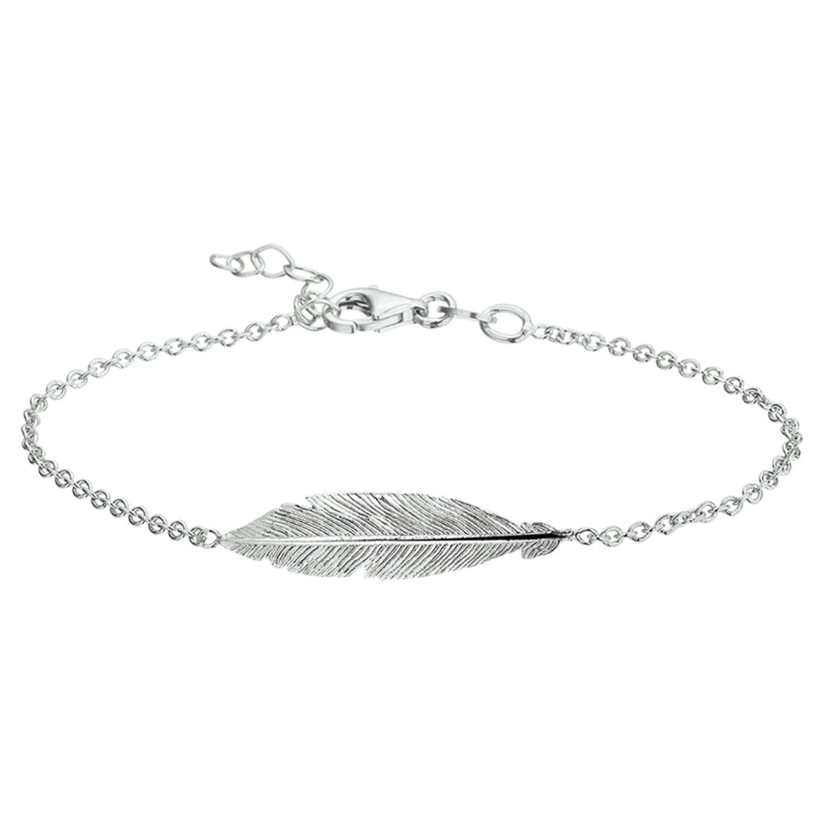 Armband aus rhodiniertem Silber mit einem filigranen Feder-Design und Verlängerungskette