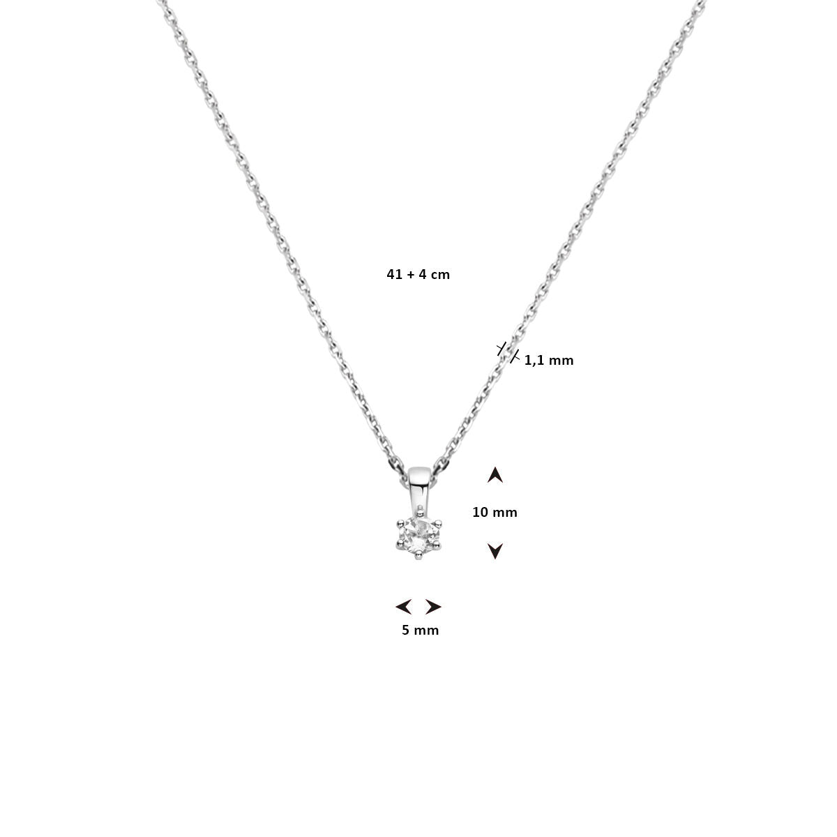 Van der Kooij Collectie collier met geboortesteen: zilver gerhodineerd, 41 + 4 cm, dunne ketting (1,1 mm), ronde hanger (10 mm) met amethist steen (5 mm). Afmetingen staan aangegeven.