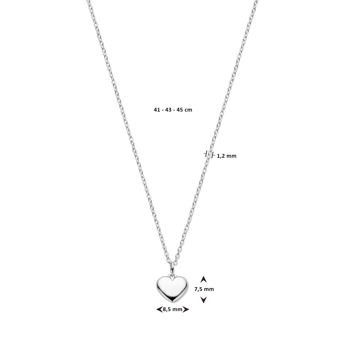 Van der Kooij Collectie collier hartje: gerhodineerd zilver, verstelbaar op 41-43-45 cm, met glad hartje hanger van 7,5 x 8,5 x 1,2 mm.