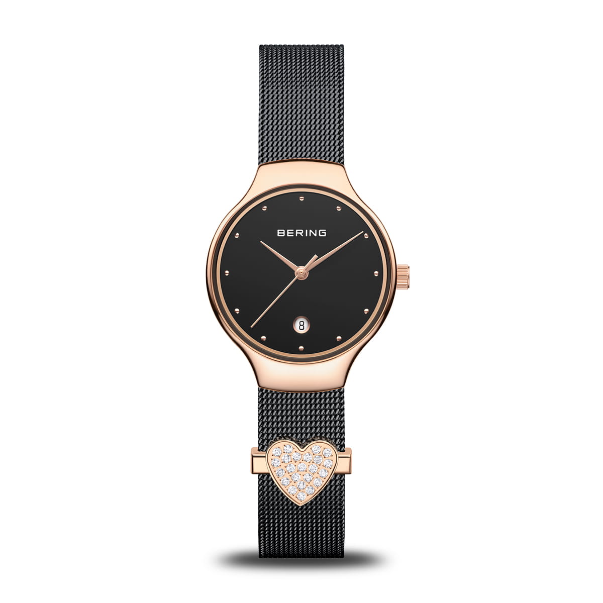 Uhr mit schwarzem Zifferblatt, roségoldenem Gehäuse und Mesh-Armband, Herzanhänger mit Steinen