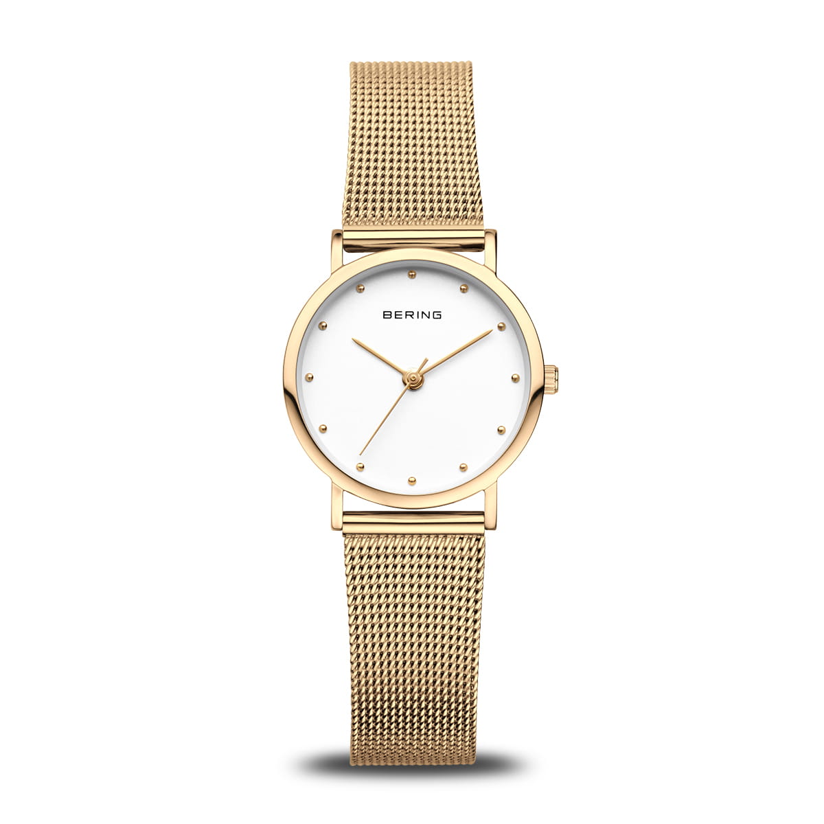 Uhr mit goldenem Mesh-Armband und weißem Zifferblatt, besetzt mit kleinen Strasssteinen