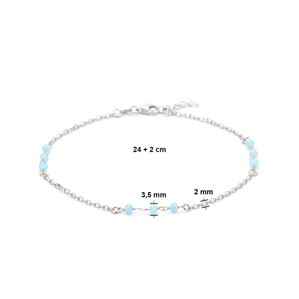 Fußkettchen blaue Kristallkugeln 24 + 2 cm Silber rhodiniert