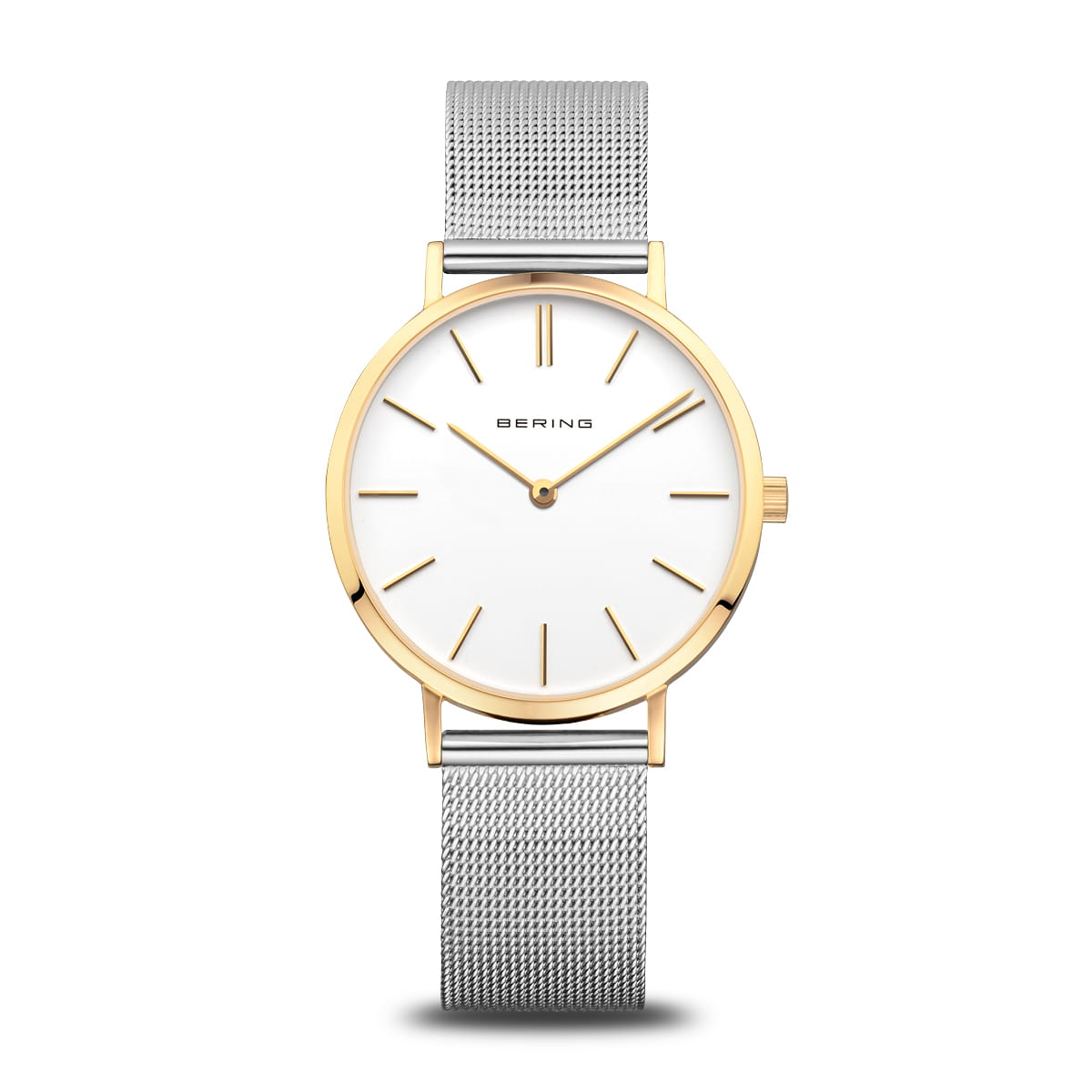 Damenarmbanduhr mit weißem Zifferblatt, goldfarbenem Gehäuse und silbernem Mesh-Armband