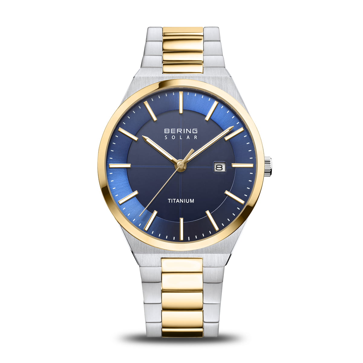 Herrenarmbanduhr aus Titan mit blauem Zifferblatt und goldfarbener Lünette, Edelstahlarmband