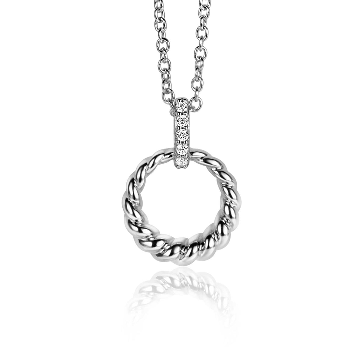 Hängender silberner Anhänger in Form eines geflochtenen Rings mit kleinen Zirkonia-Steinen