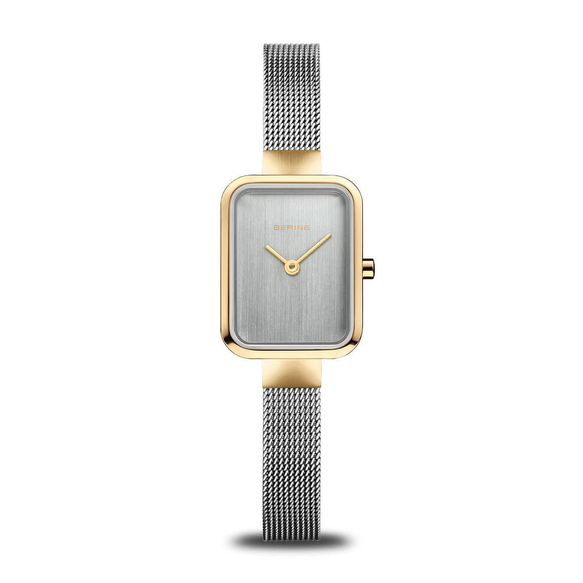 Damenarmbanduhr mit silbernem Zifferblatt, goldfarbenem Gehäuse und silbernem Mesh-Armband