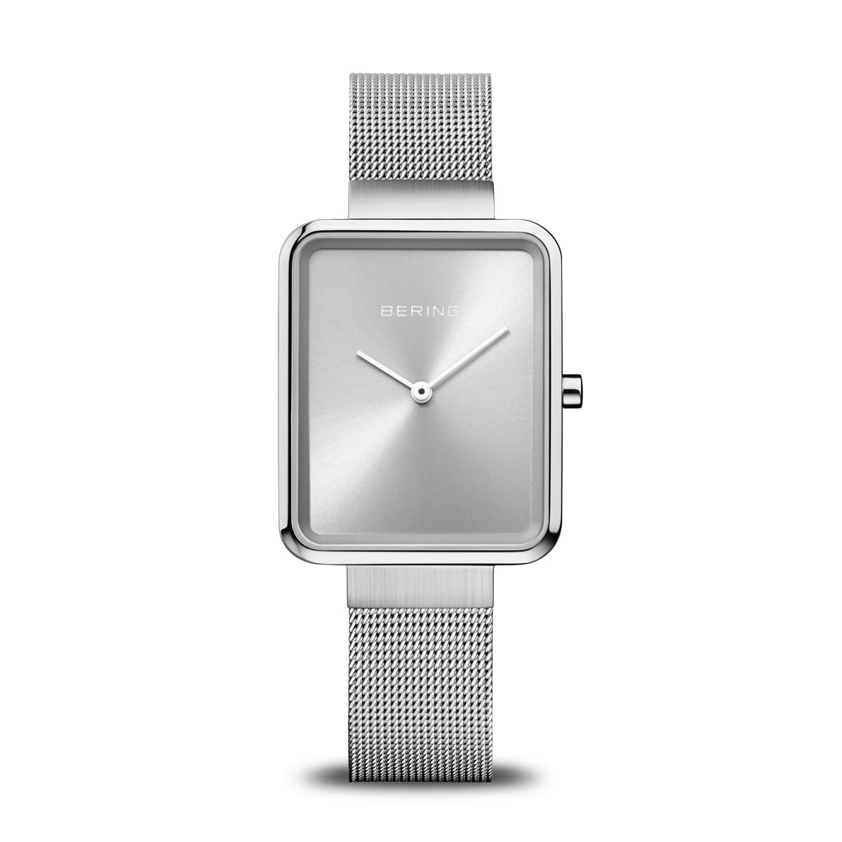 Damenarmbanduhr mit silbernem Zifferblatt und silbernem Mesh-Armband im rechteckigen Gehäuse