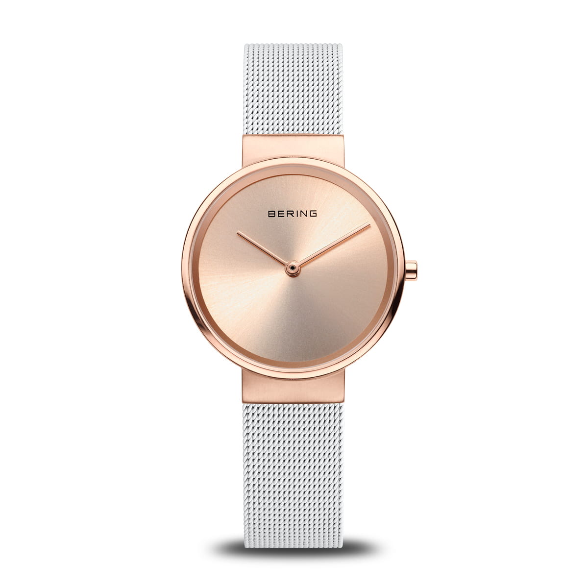 Damenarmbanduhr mit roségoldenem Zifferblatt und silbernem Mesh-Armband