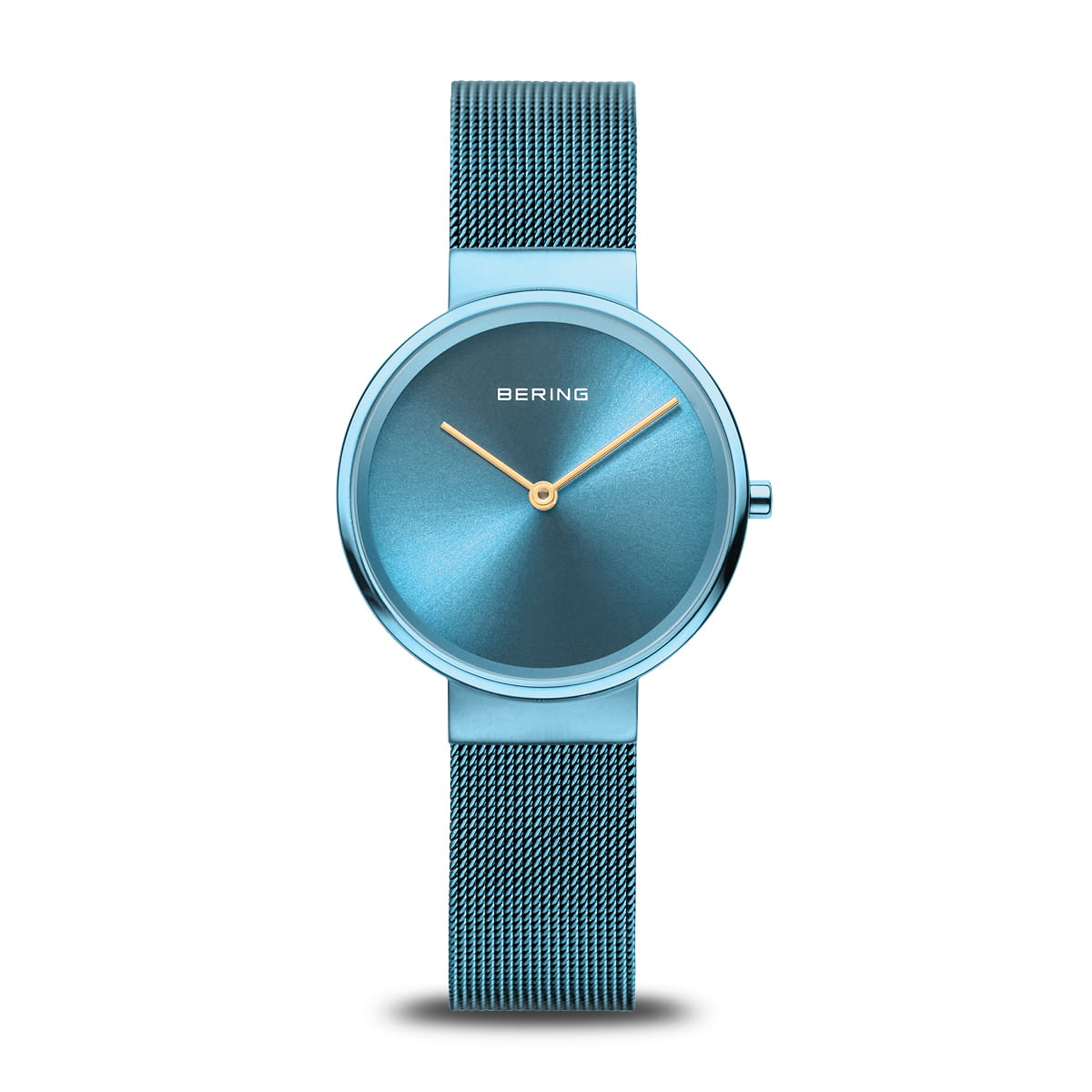 Uhr mit blauem Zifferblatt und goldenen Zeigern, ausgestattet mit einem blauen Mesh-Armband