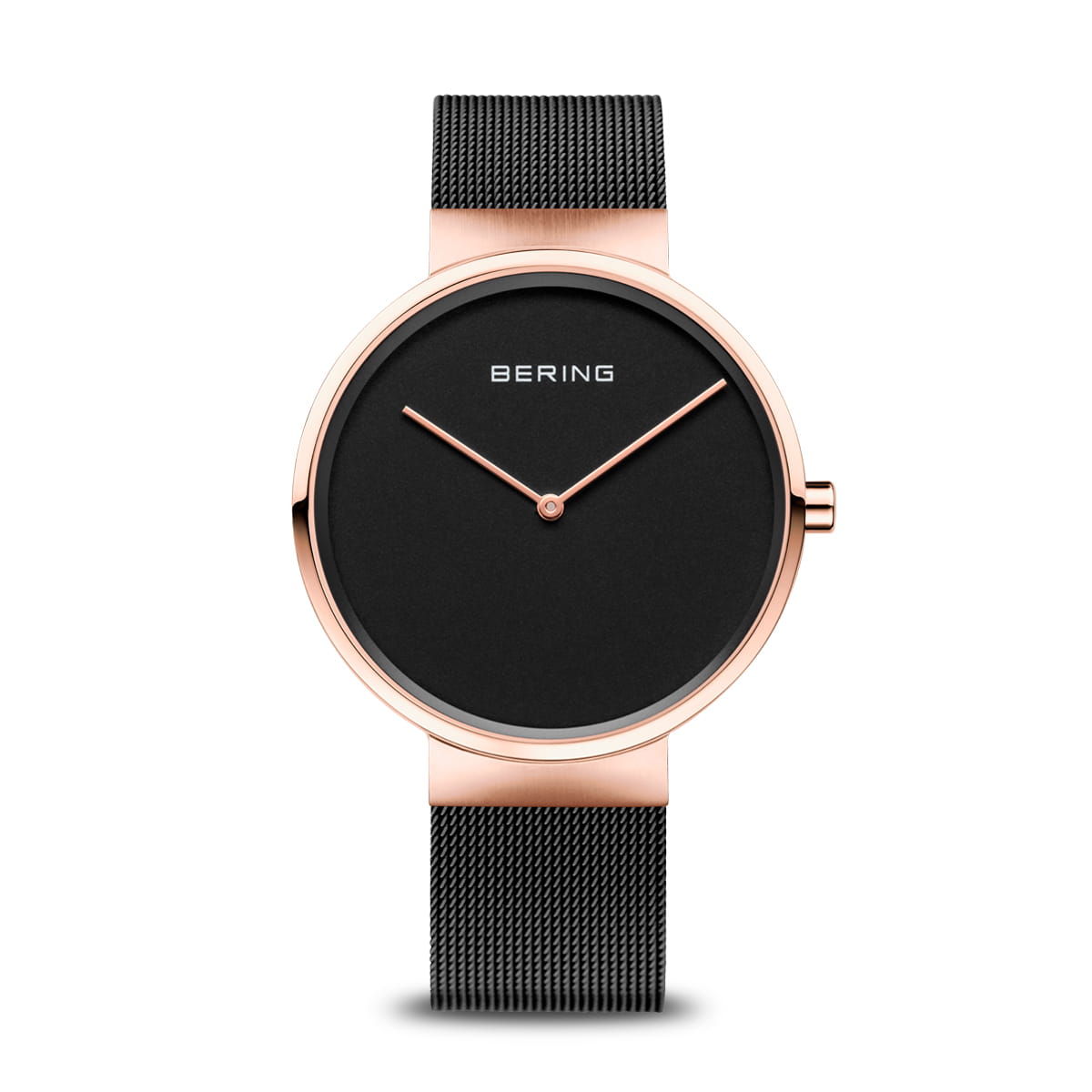 Uhr mit schwarzem Zifferblatt, roségoldenem Gehäuse und schwarzem Mesh-Armband