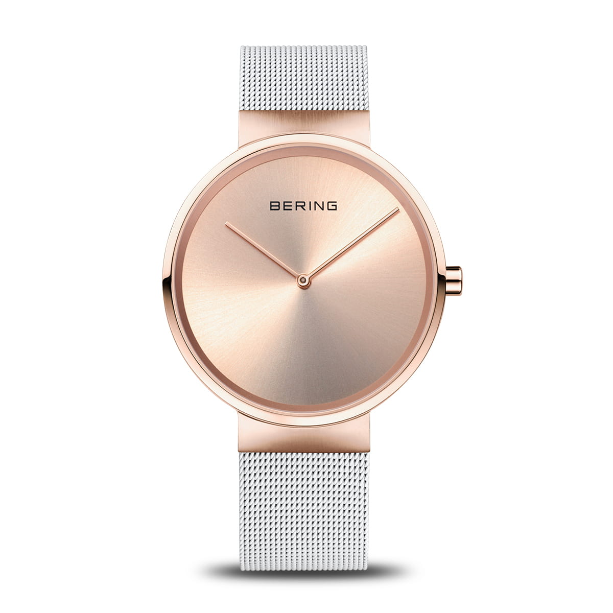 Uhr mit roséfarbenem Zifferblatt und silbernem Mesh-Armband