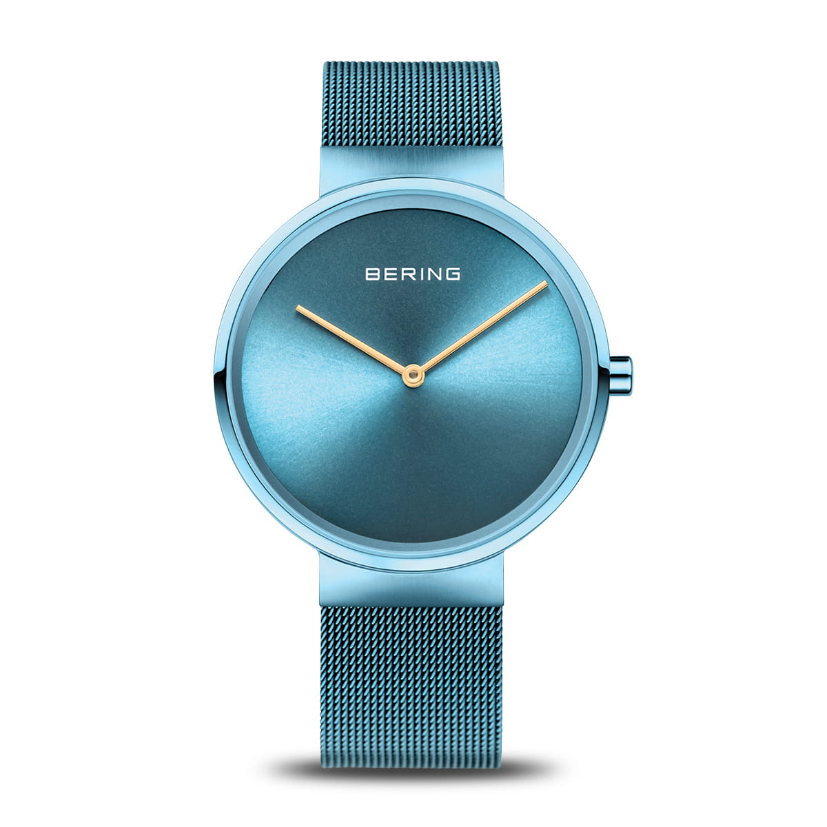 Uhr mit blauem Zifferblatt und goldenen Zeigern, Edelstahl-Mesh-Armband