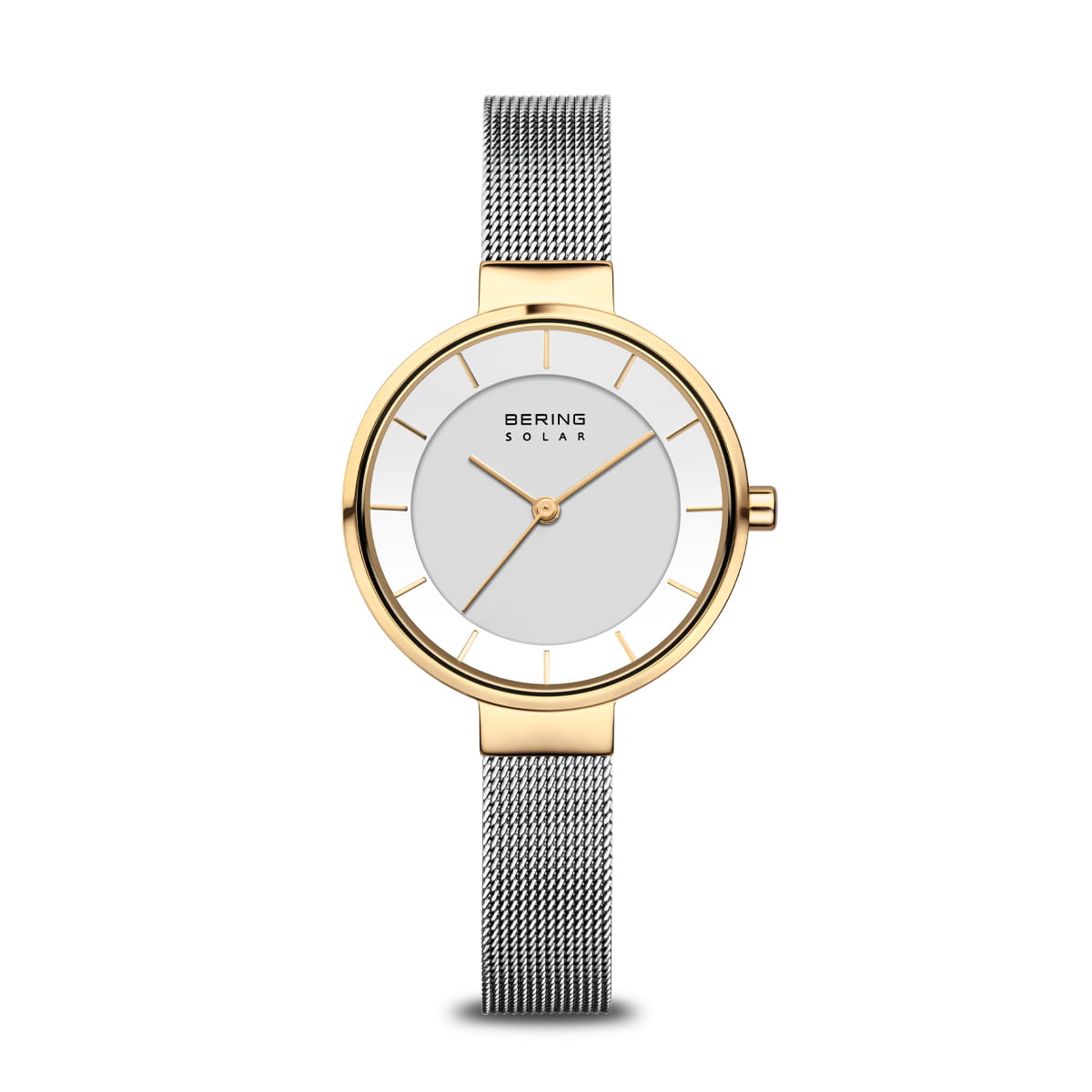 Damenarmbanduhr mit weißem Zifferblatt, goldfarbenem Gehäuse und silbernem Mesh-Armband