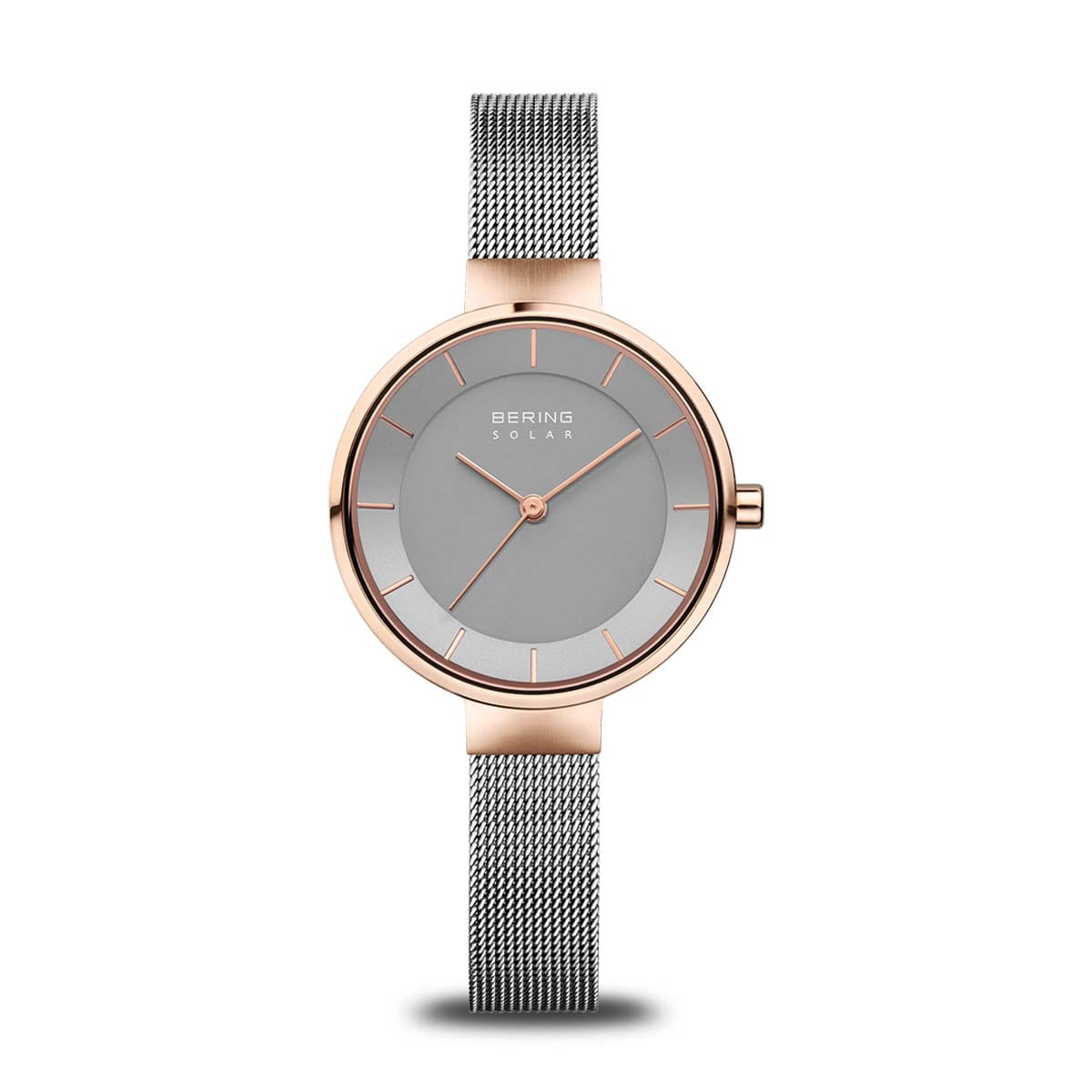 Damenarmbanduhr mit grauem Zifferblatt und roségoldenem Gehäuse, Mesh-Armband in Silber