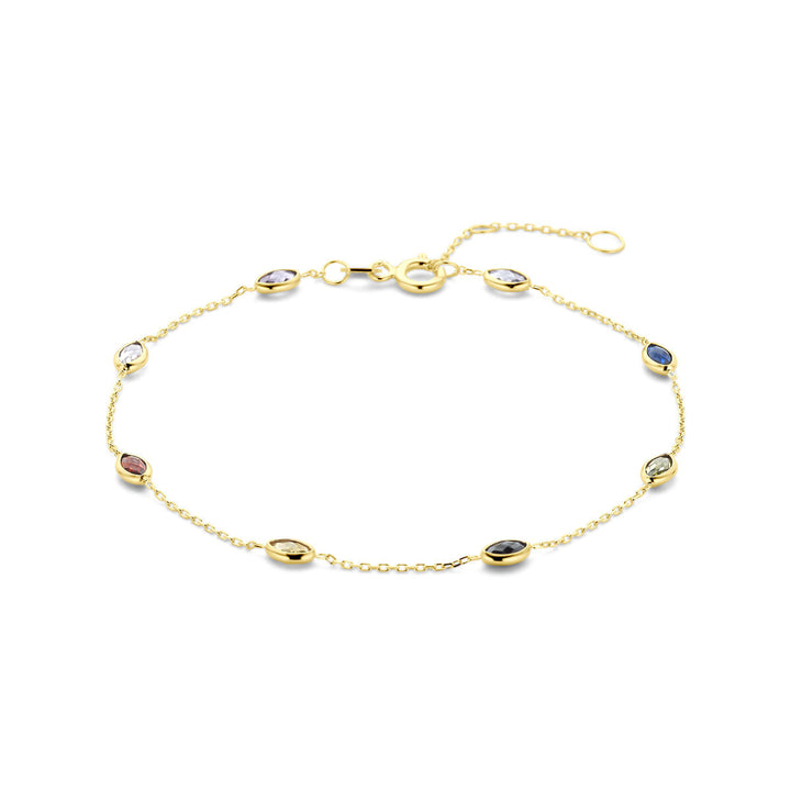 De Van der Kooij Collectie 14k Geelgouden Armband met Gekleurde Zirkonia is een elegante, kleurvolle accessoire met een anker schakel design, ovale zirkonia in goud en een verstelbare sluiting.