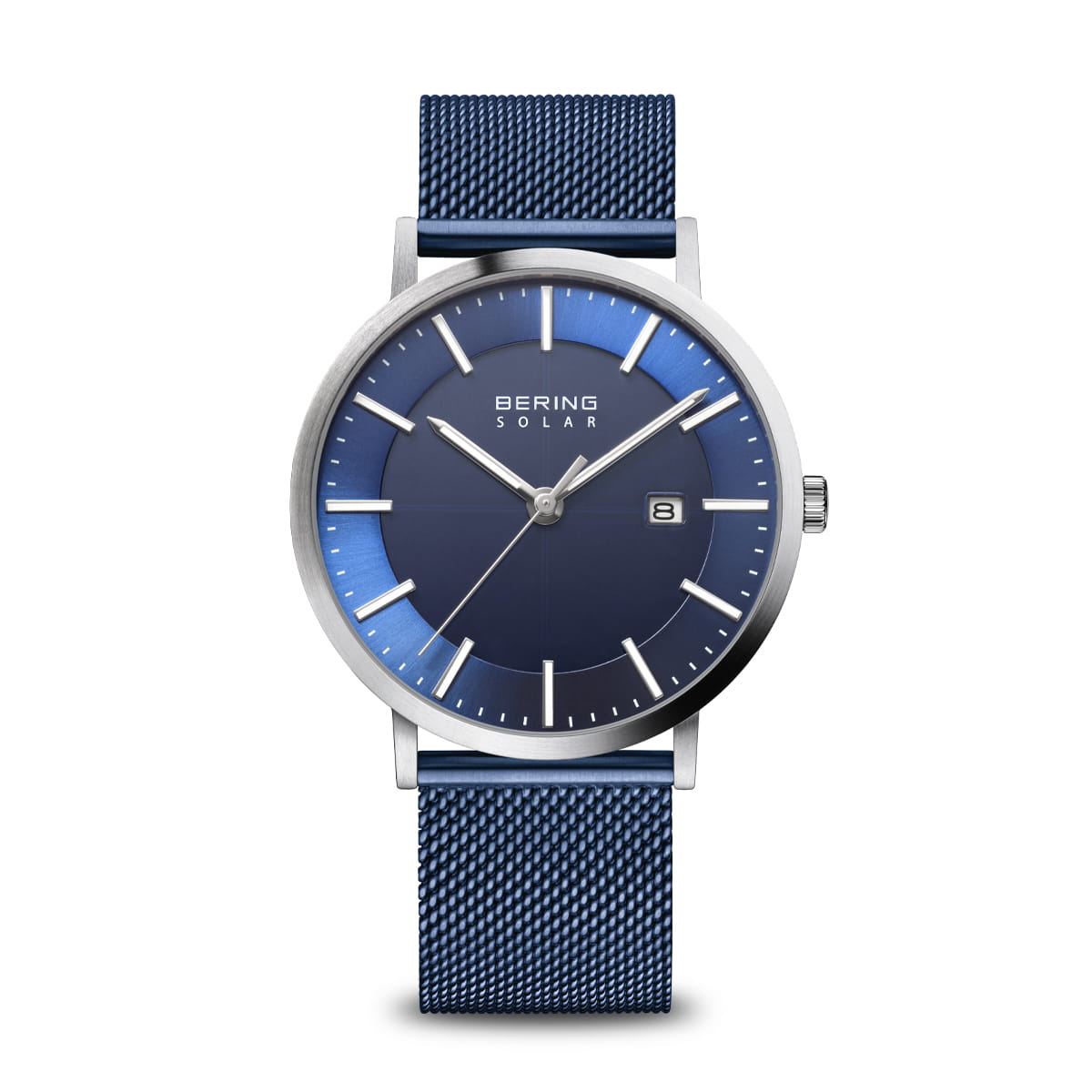 Herrenarmbanduhr mit blauem Zifferblatt und silbernem Mesh-Armband