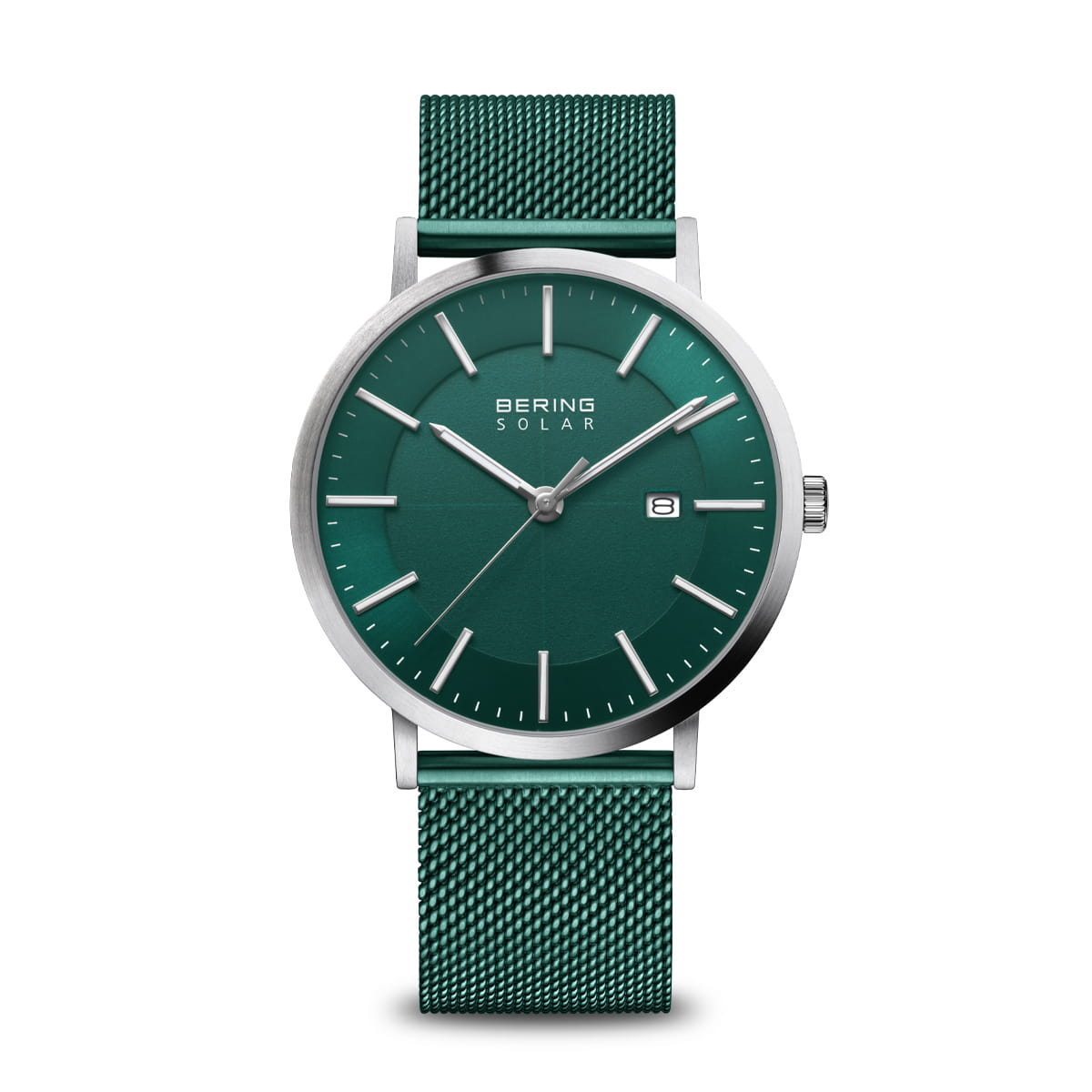 Uhr mit grünem Zifferblatt, silbernem Gehäuse und grünem Mesh-Armband