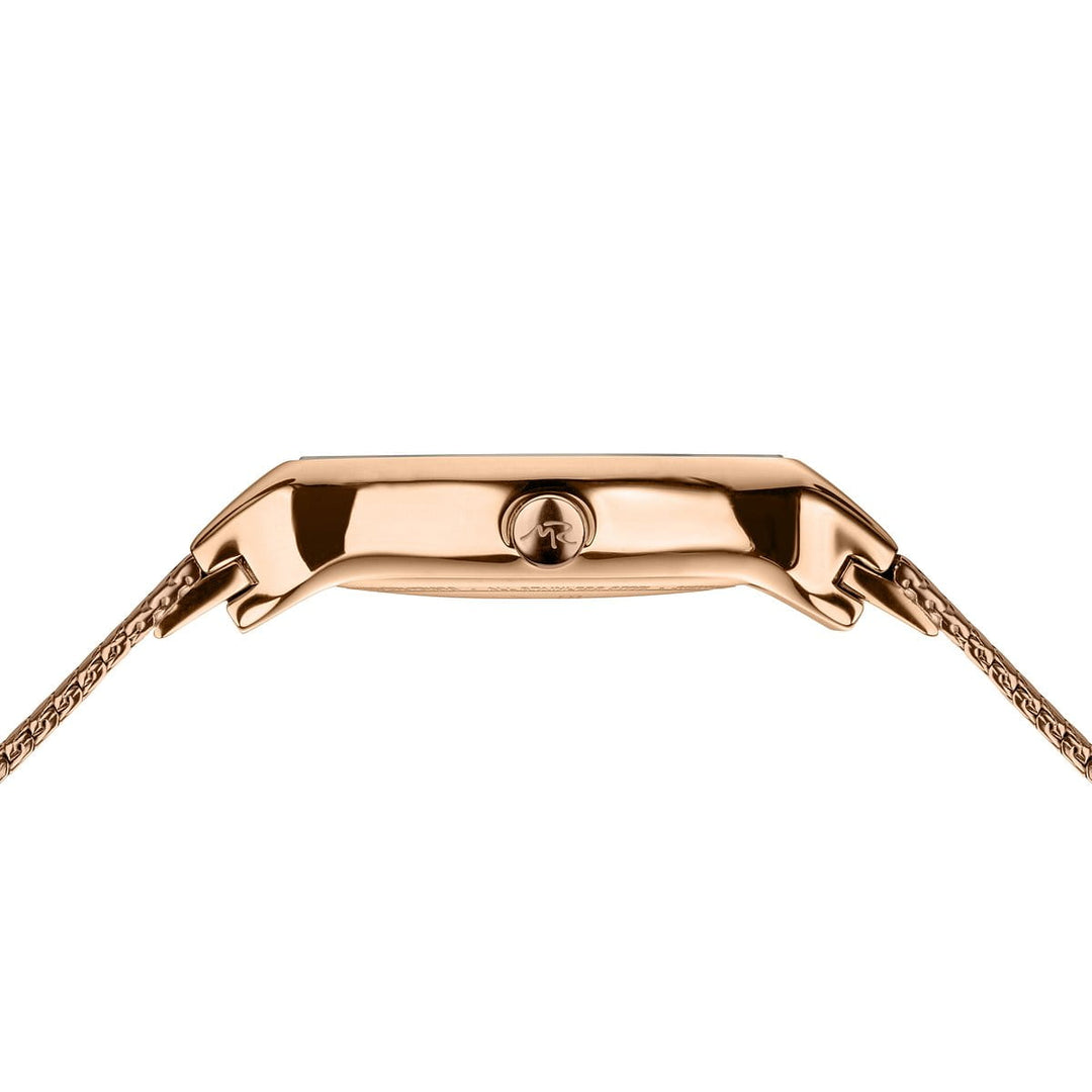 Zijaanzicht van het strakke gouden Bering 15527-364-GWP horloge, met een slanke rechthoekige kast, gladde kroon, quartz uurwerk, elegante leren band en saffierglas in een minimalistisch, modern design.