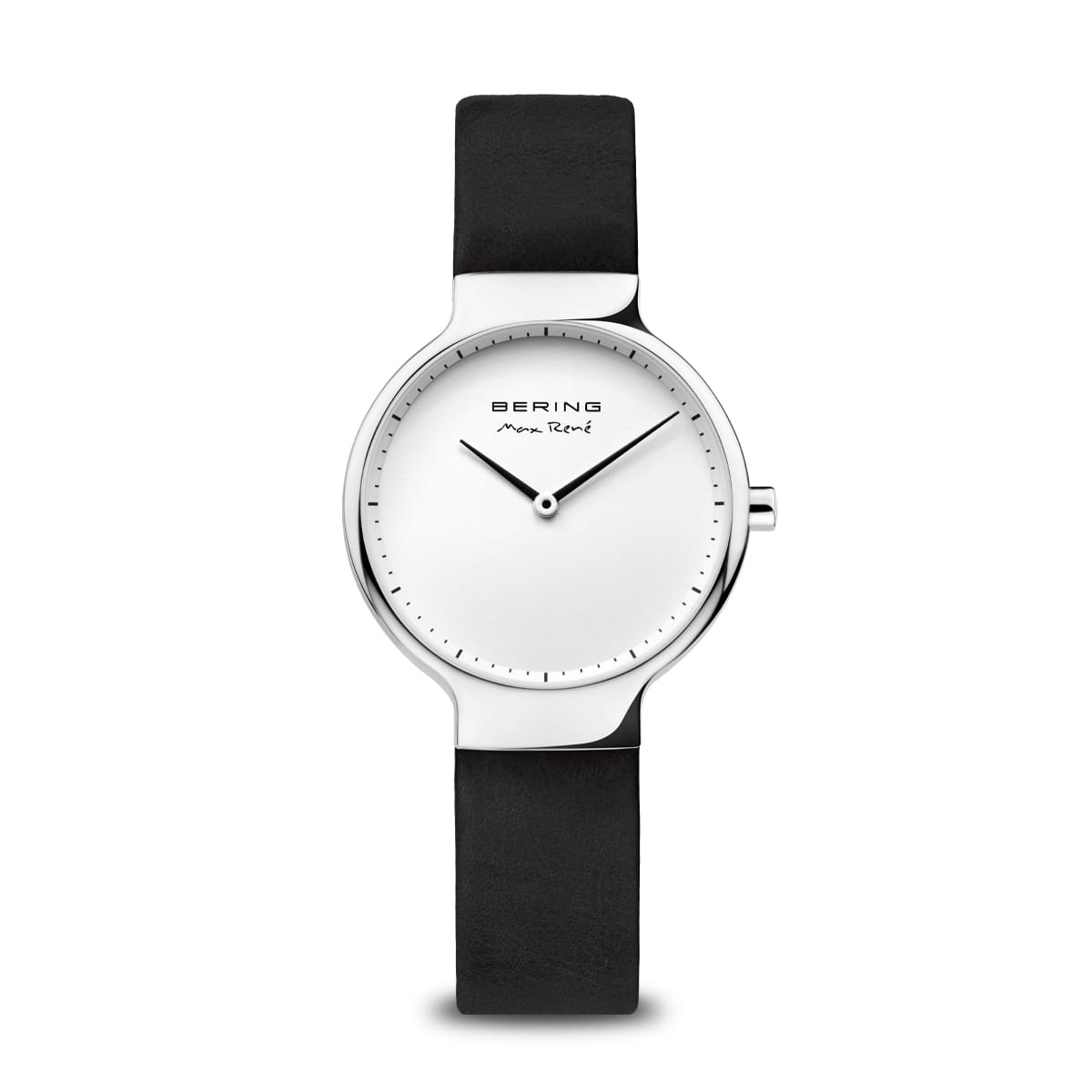 Damenarmbanduhr mit weißem Zifferblatt und schwarzem Lederarmband
