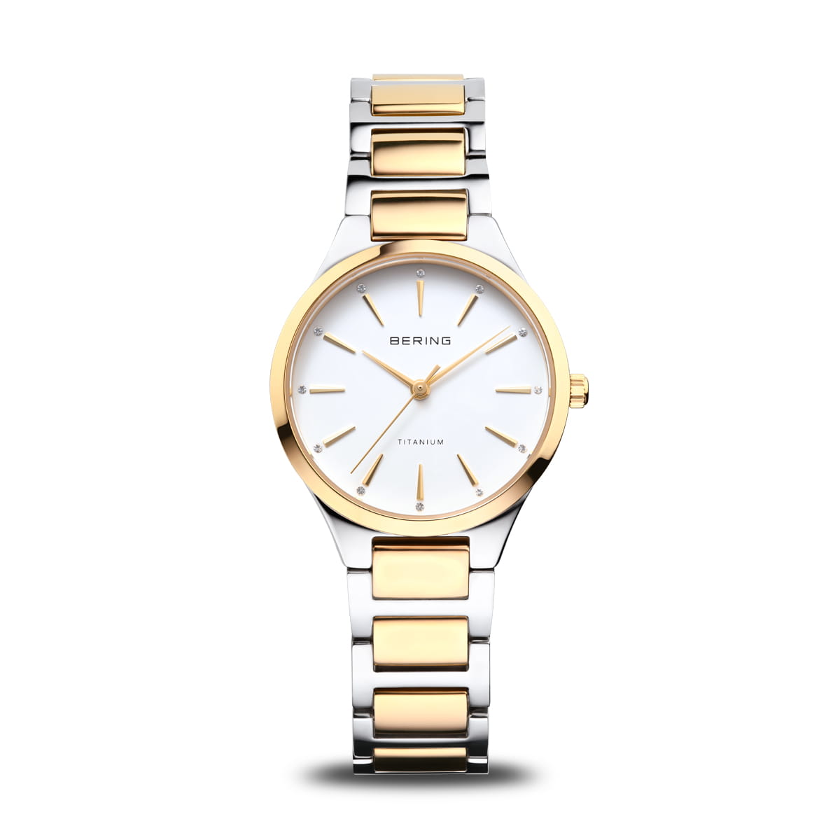 Damenarmbanduhr mit weißem Zifferblatt und goldfarbenem Gehäuse, Edelstahlarmband in Silber und Gold.