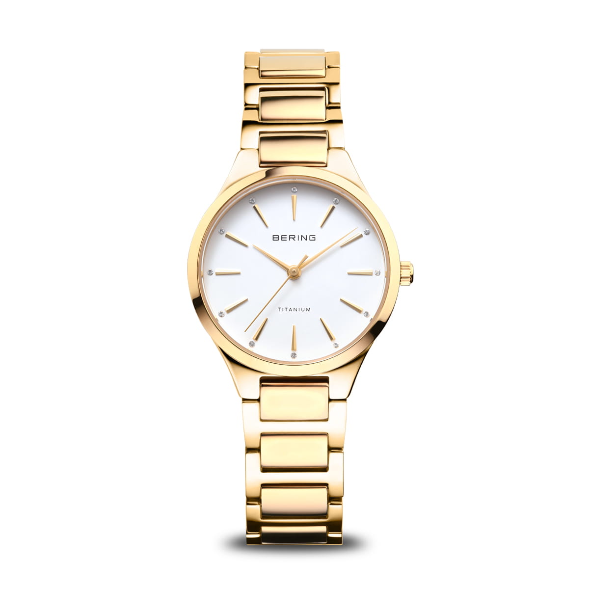 Damenarmbanduhr mit goldenem Gehäuse und weißem Zifferblatt, ausgestattet mit einem goldenen Armband