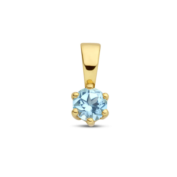 De Van der Kooij Collectie hanger met geboortesteen 14K geelgoud heeft een ronde, gefacetteerde lichtblauwe saffier in vier pootjes en is afgebeeld tegen een witte achtergrond.