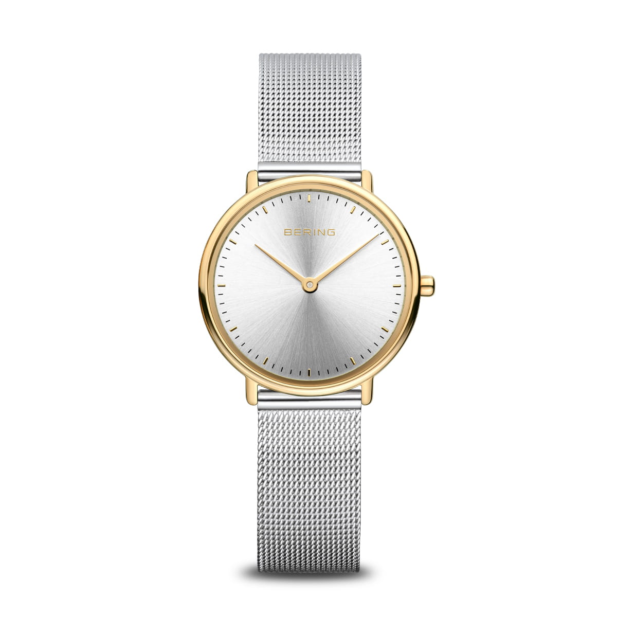 Uhr mit silbernem Zifferblatt, goldfarbenem Gehäuse und silbernem Mesh-Armband