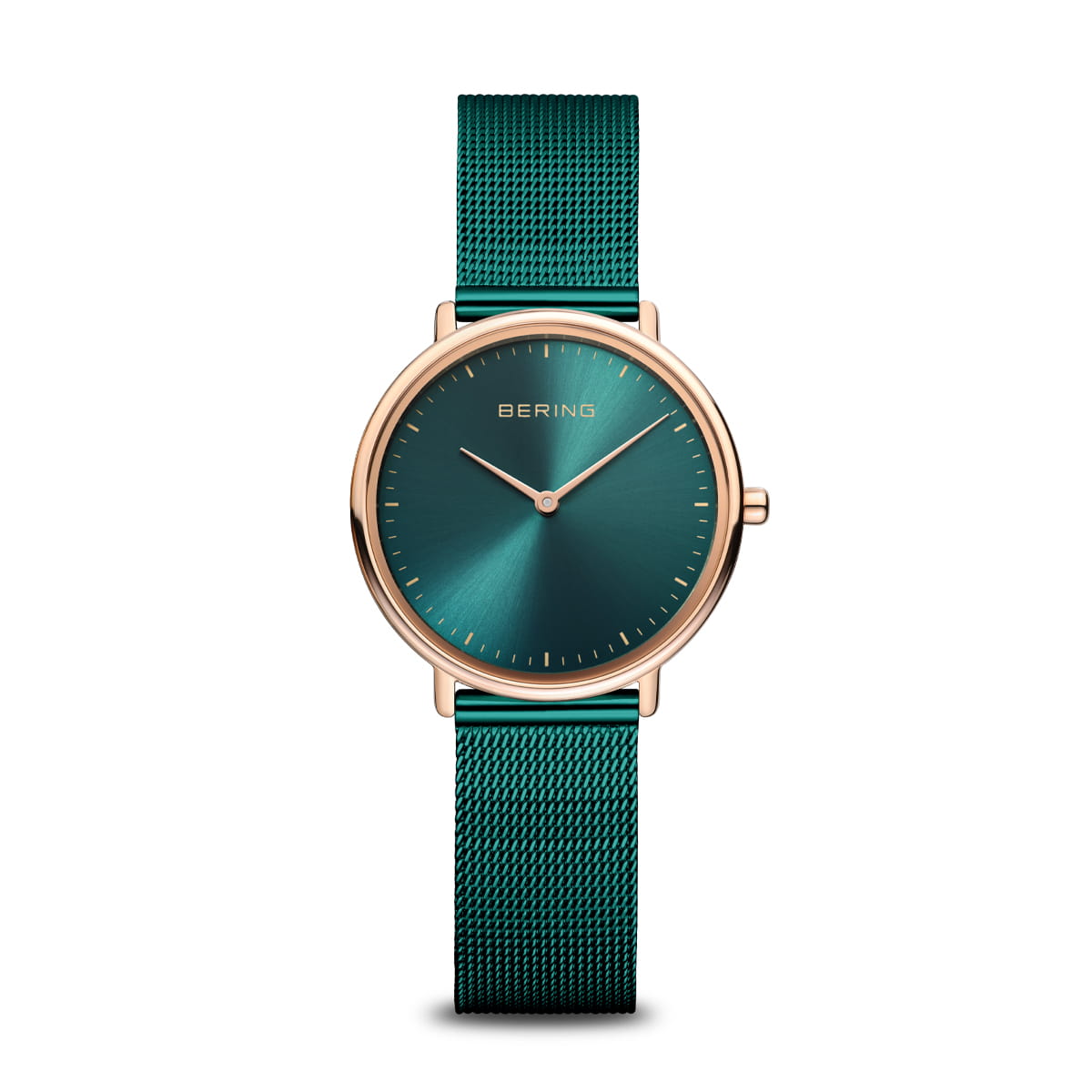 Dameuhr mit grünem Zifferblatt und rosegoldenem Mesh-Armband