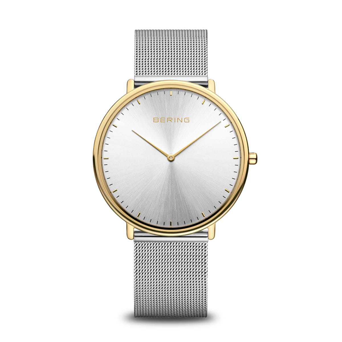 Uhr mit silbernem Zifferblatt, goldfarbenem Gehäuse und silbernem Mesh-Armband
