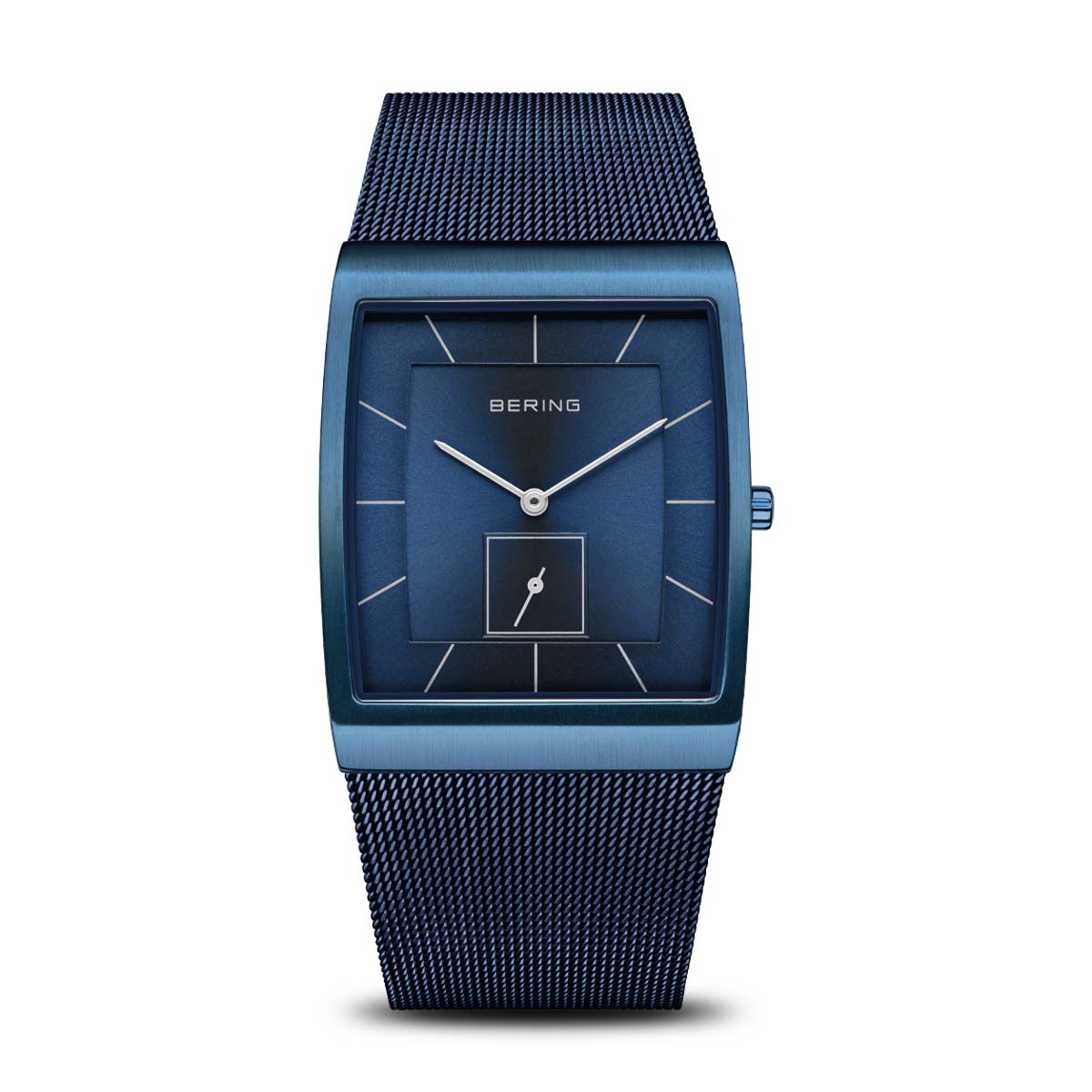 Herrenarmbanduhr mit blauem Zifferblatt, quadratischem Gehäuse und blauer Mesh-Armband