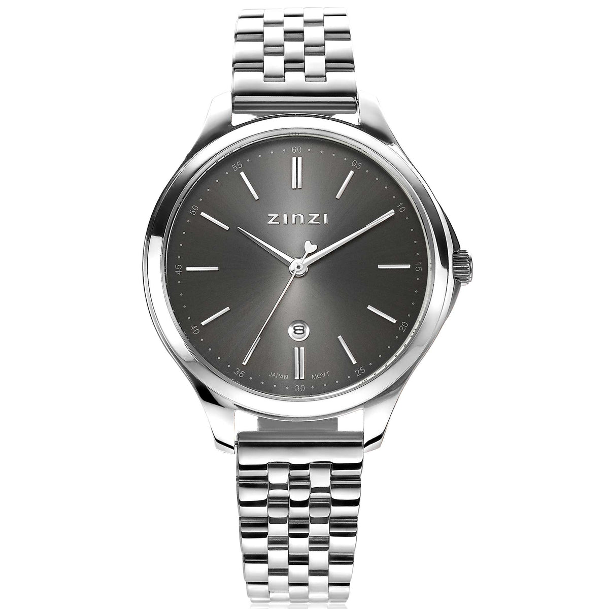 Silberfarbenes Stahl-Horloge mit grauem Zifferblatt und Edelstahl-Armband