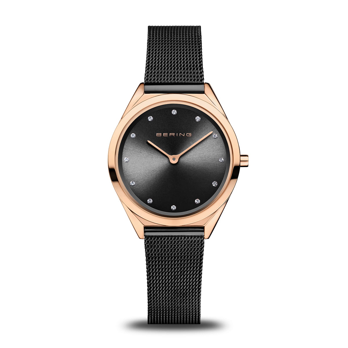 Uhr mit schwarzem Zifferblatt, roségoldenem Gehäuse und schwarzem Mesh-Armband