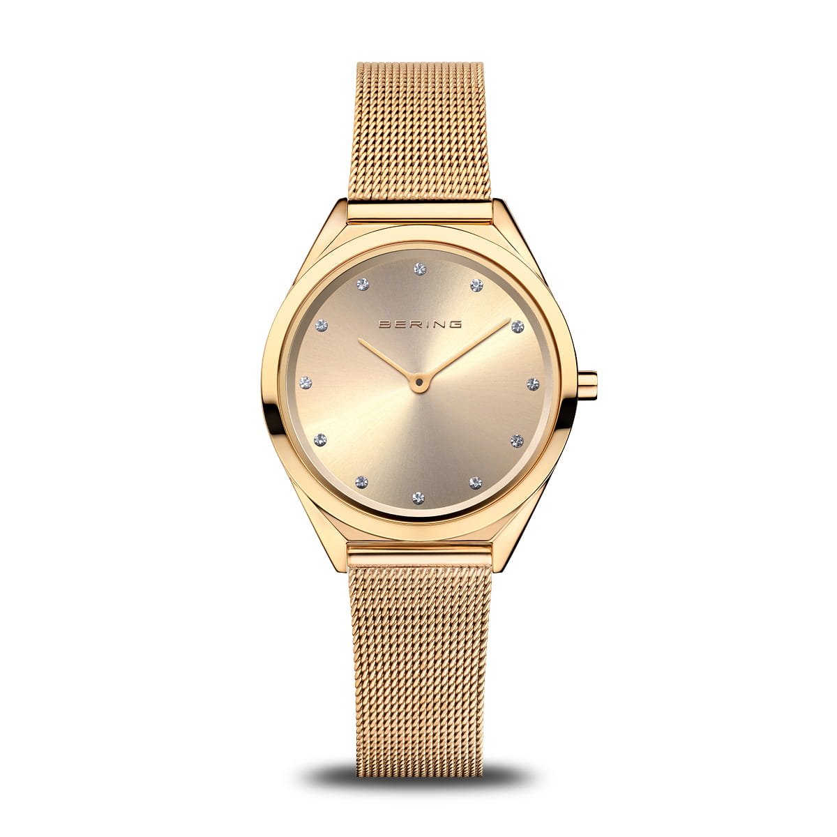 Dameuhr mit goldenem Gehäuse, goldenem Zifferblatt und goldenem Mesh-Armband