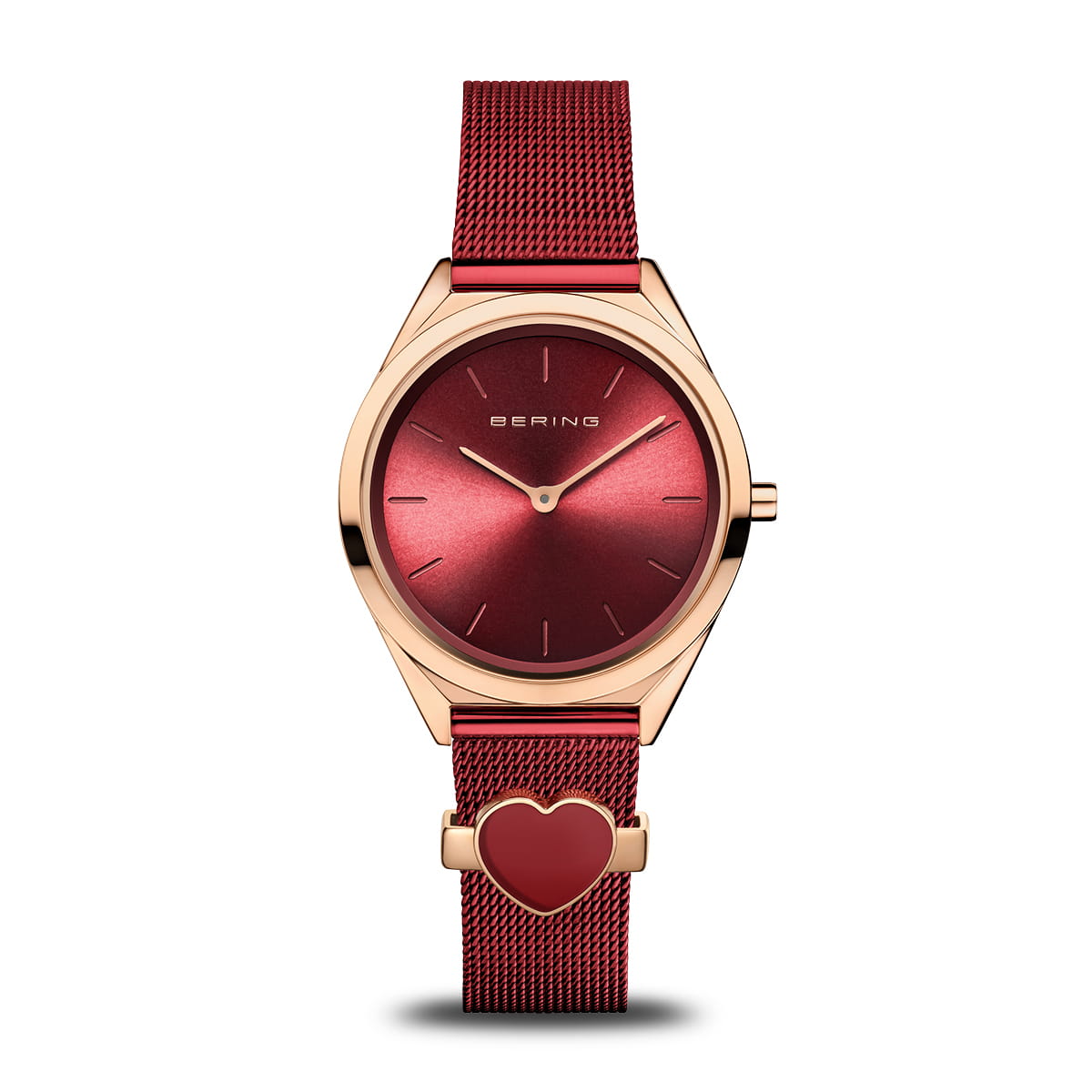 Dameuhr mit rotem Zifferblatt, roségoldenem Gehäuse und rotem Mesh-Armband mit Herzanhänger
