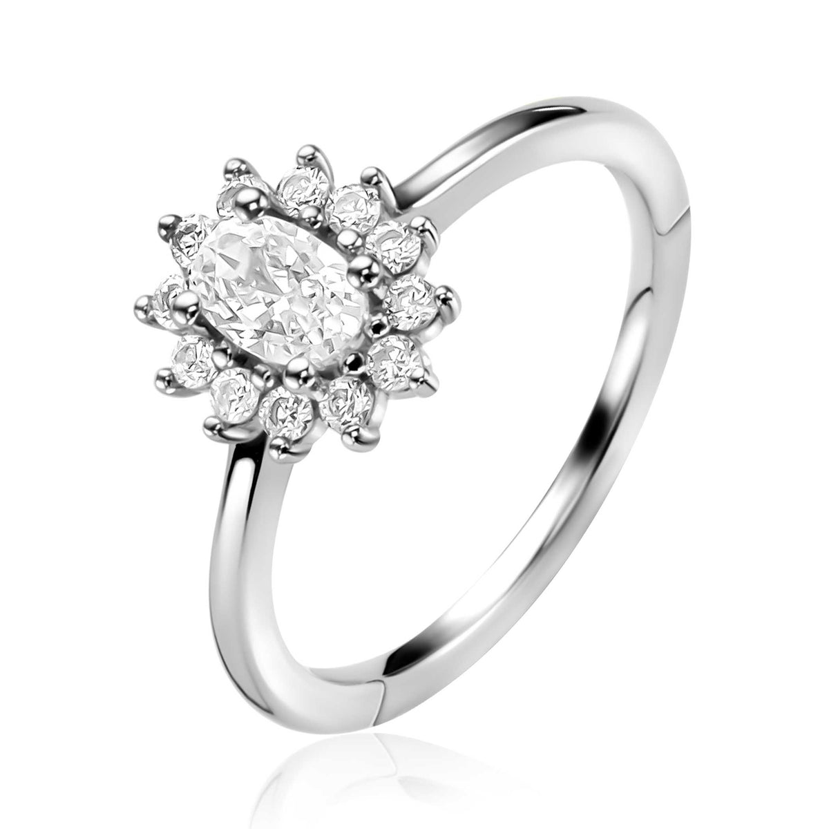 Ring mit ovalem Zirkonia in der Mitte und kleinen Zirkonia-Steinen, vergoldet