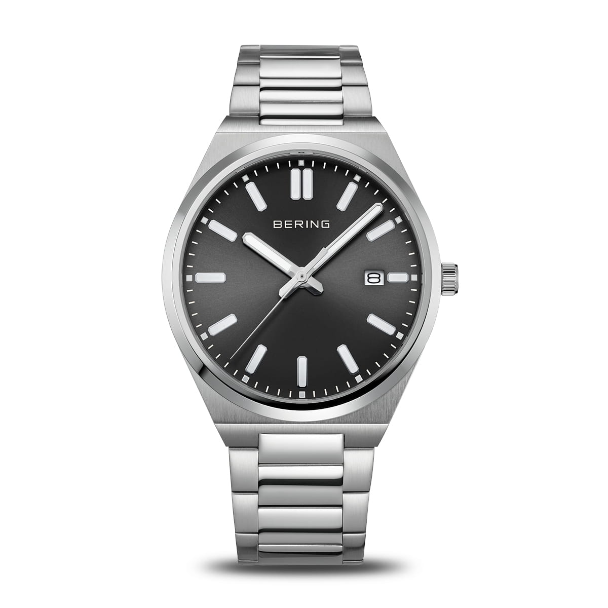 Herrenarmbanduhr mit schwarzem Zifferblatt, Edelstahlgehäuse und -armband, Datumsanzeige