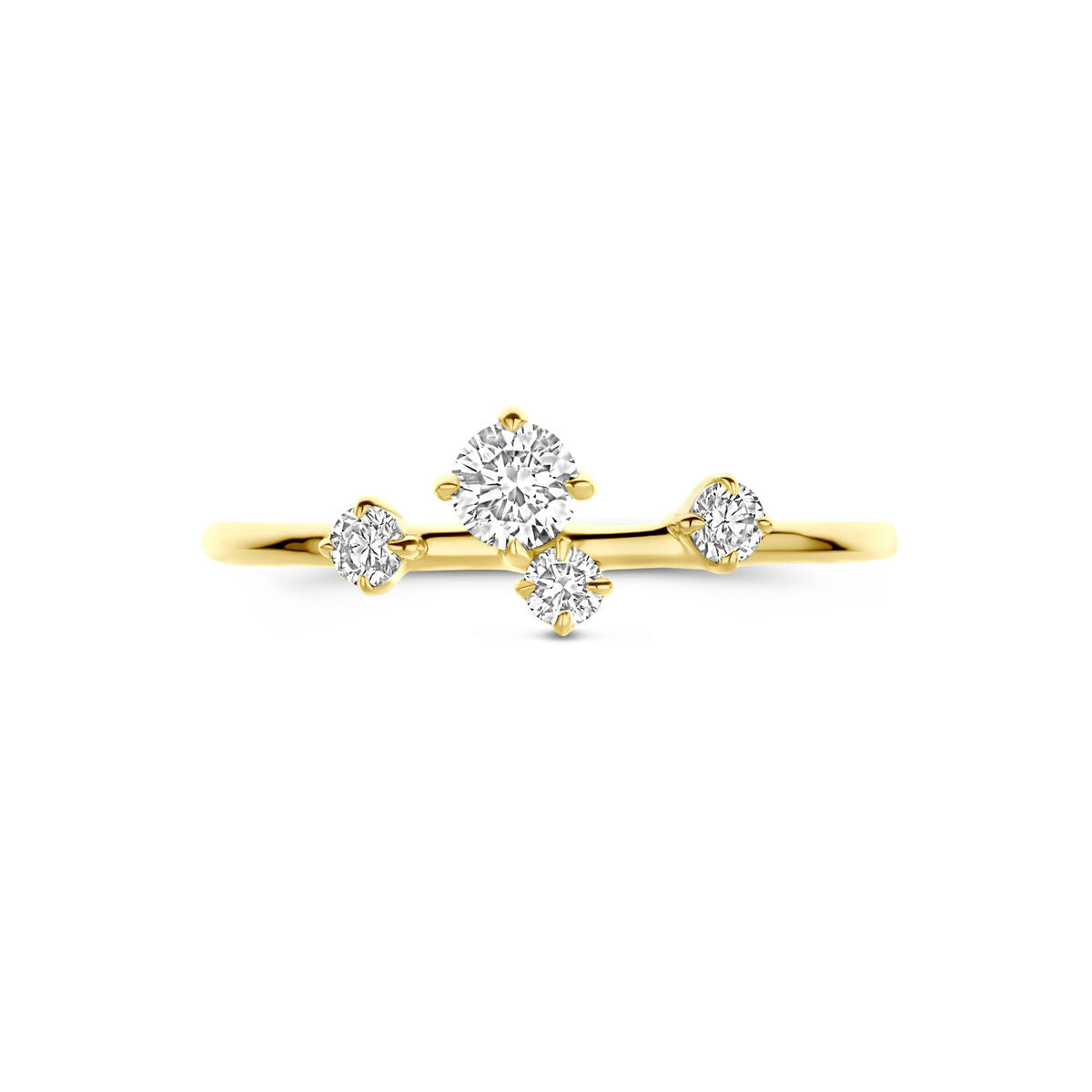Deze delicate Van der Kooij Collectie ring lab grown diamant 0.33ct H SI in 14K geelgoud heeft vier lab grown diamanten in verschillende groottes, asymmetrisch gerangschikt langs de dunne damesring band.