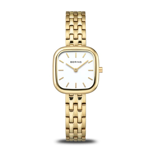 Damenarmbanduhr mit goldfarbenem Gehäuse, quadratischem Zifferblatt und weißem Zifferblatt.