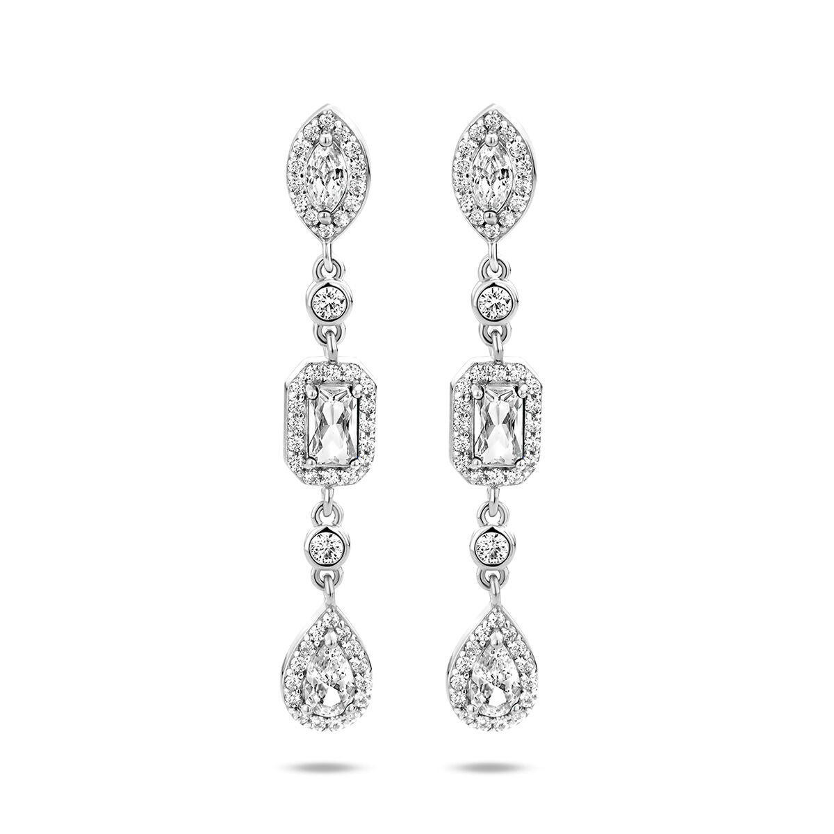 Ohrhänger aus rhodiniertem Silber mit Zirkonia, in tropfenförmigem und rechteckigem Design
