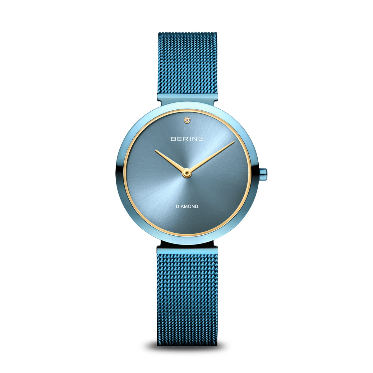 Damenarmbanduhr mit blauem Zifferblatt und blauem Mesh-Armband, Gehäuse in Silber mit goldenen Akzenten