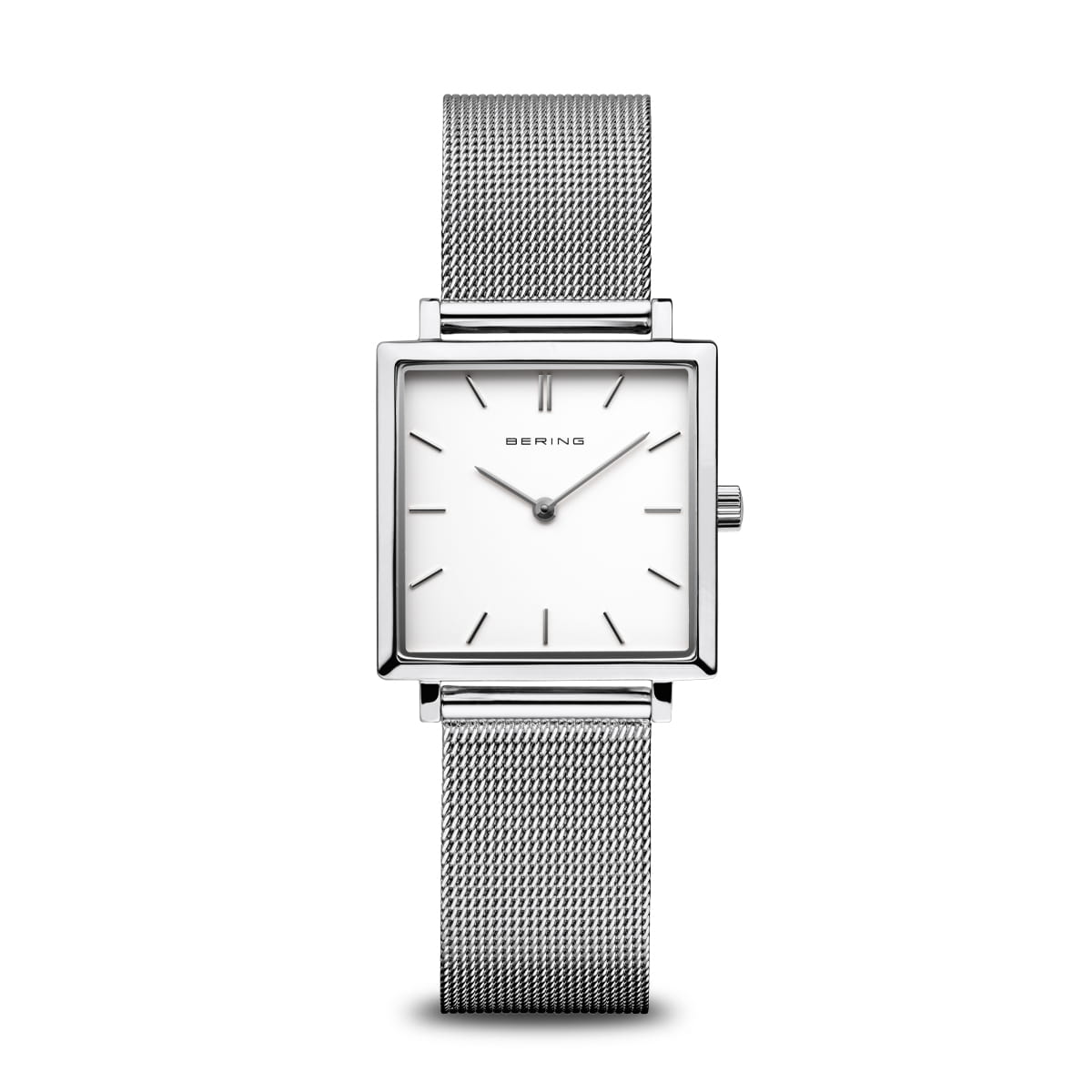 Damenarmbanduhr mit quadratischem Gehäuse, weißem Zifferblatt und silbernem Mesh-Armband