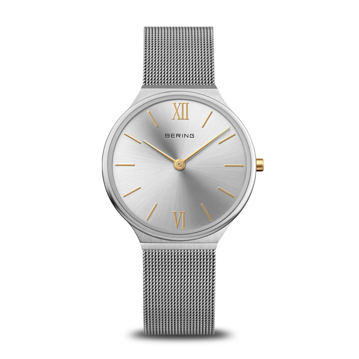 Damenarmbanduhr mit silbernem Zifferblatt, goldenen Ziffern und Mesh-Armband
